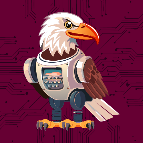 An eagle with a robotic torso standing in front of a circuit board background.
